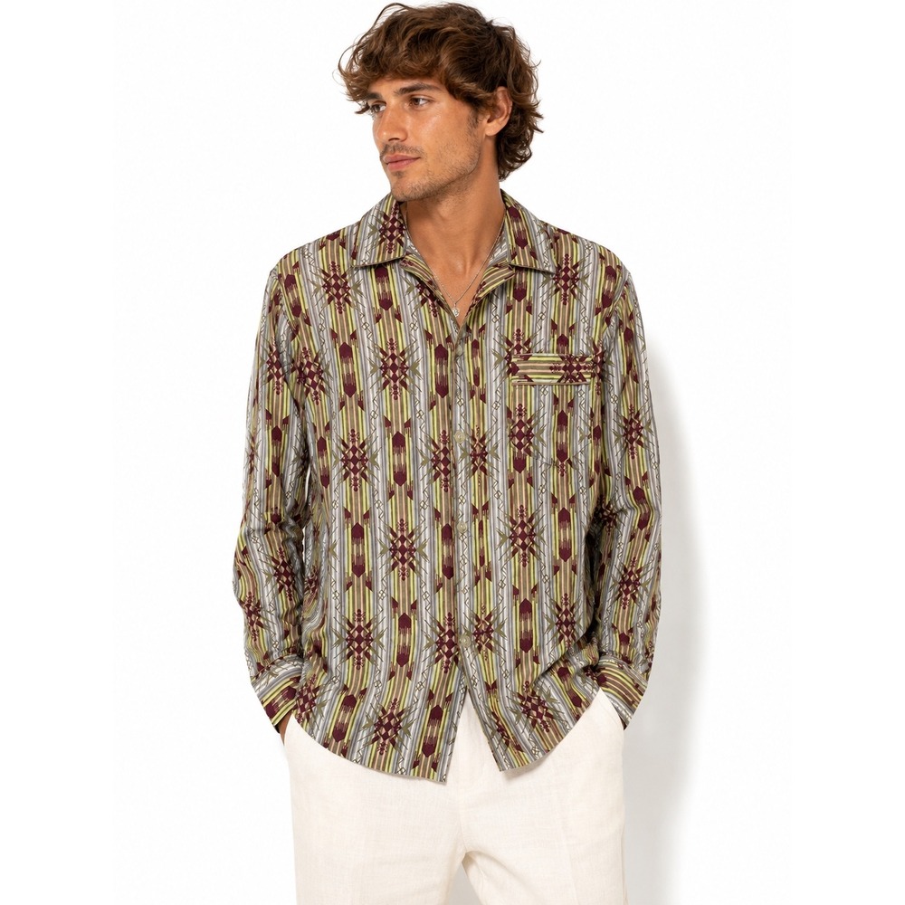 Kmart Button Up Shirt Mens Large Multi Color Geometric Tribal Retro Vintage 70s